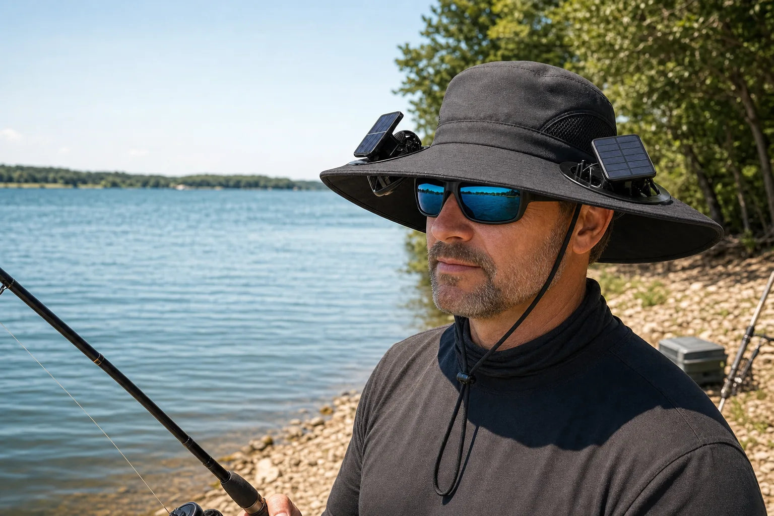 Fisherman wearing the Solar-Breeze solar fan hat on a sunny lakeshore