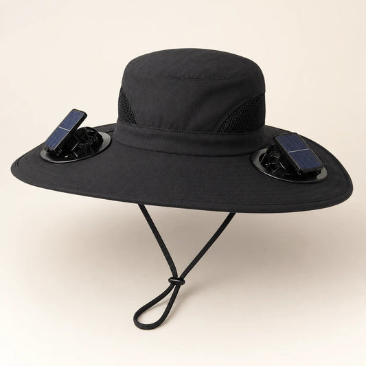 Black SolarBreeze solar-assisted cooling hat with two detachable fan modules