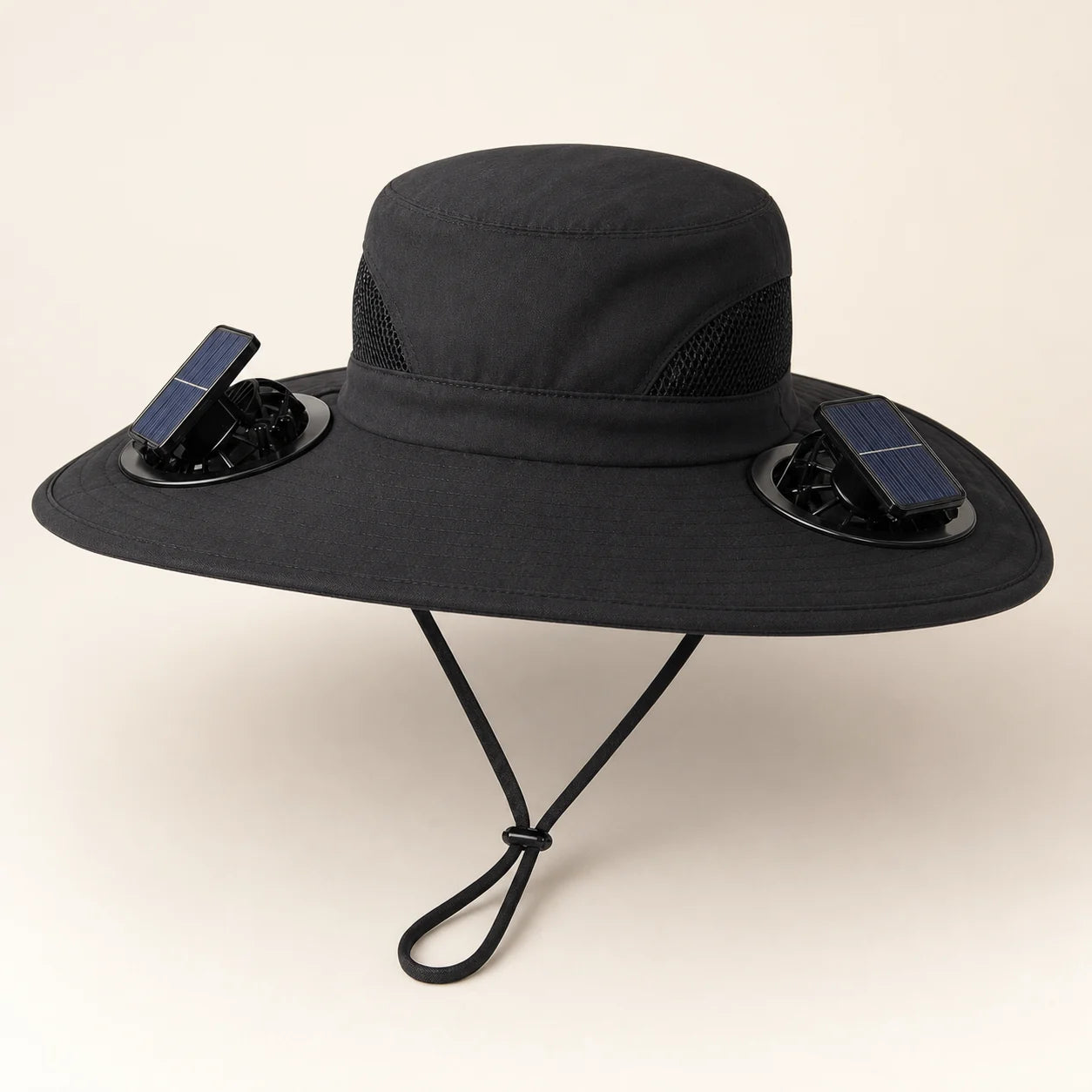 Black SolarBreeze hat with two detachable solar fan modules