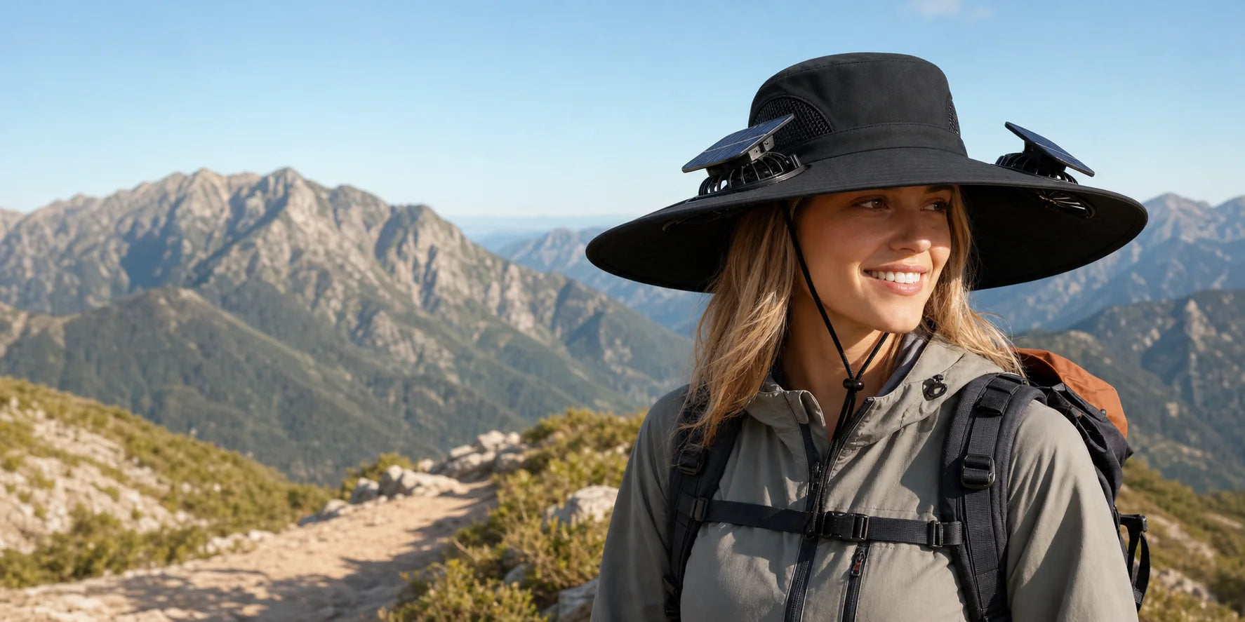 Woman hiking in a Solar-Breeze cooling hat